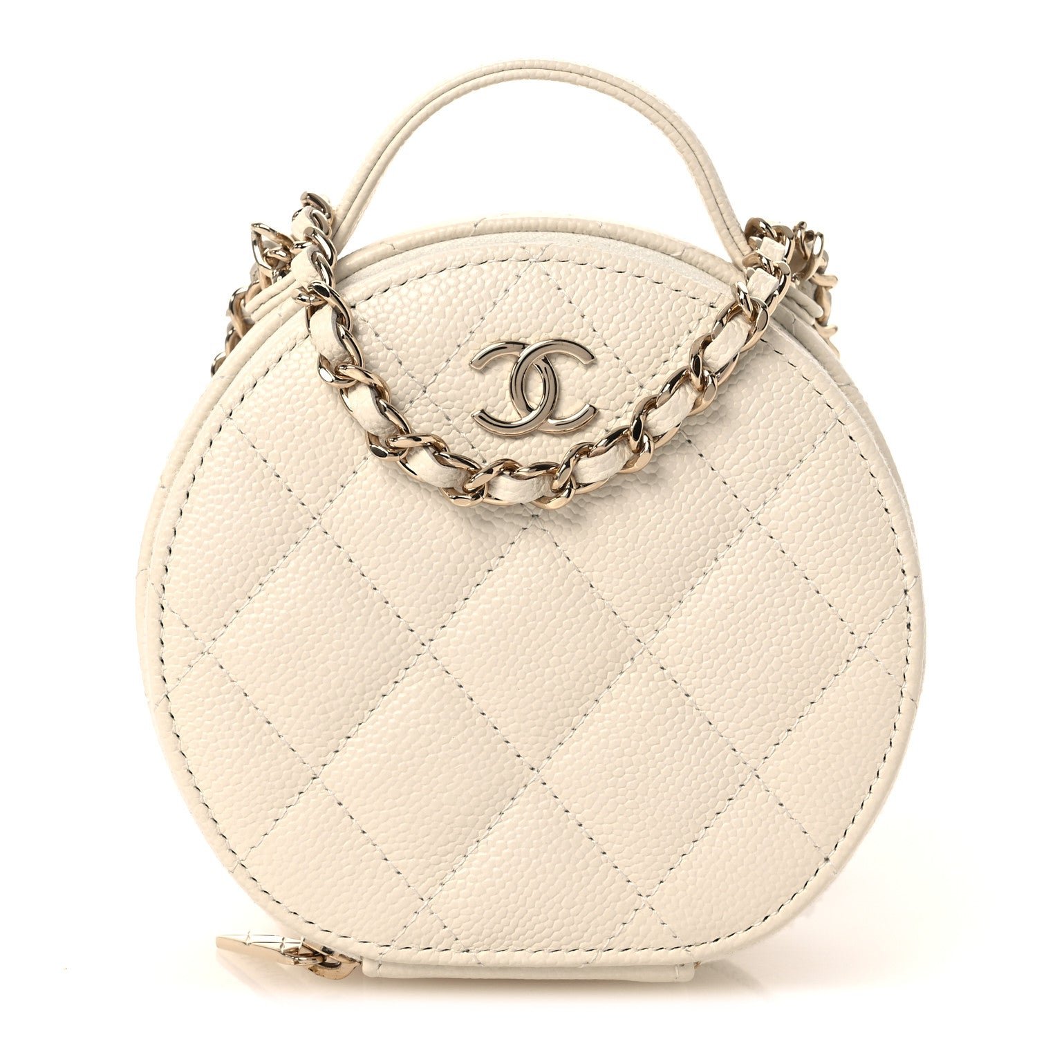 Chanel Caviar Quilted Round Handle With Care Vanity With Chain White