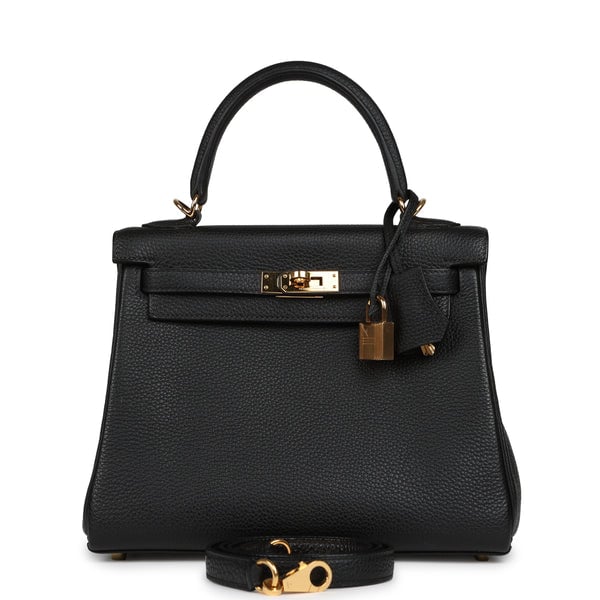 Pre-owned Hermes Kelly Retourne 25 Black Togo Gold Hardware