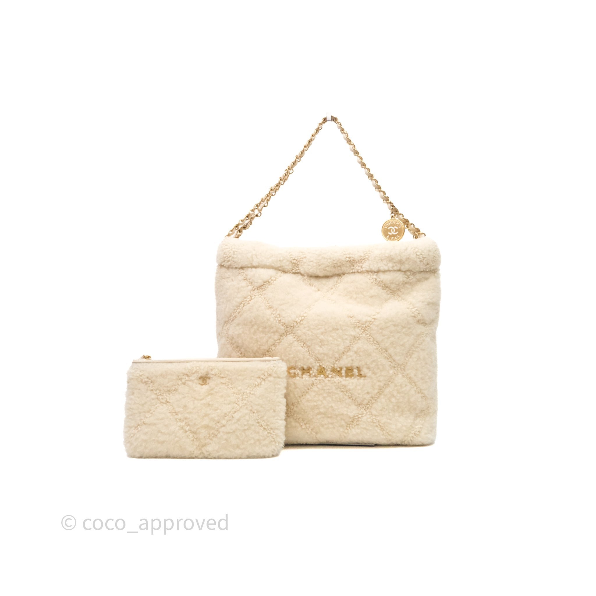 Chanel Small 22 Ecru Shearling Bag Aged Gold Hardware