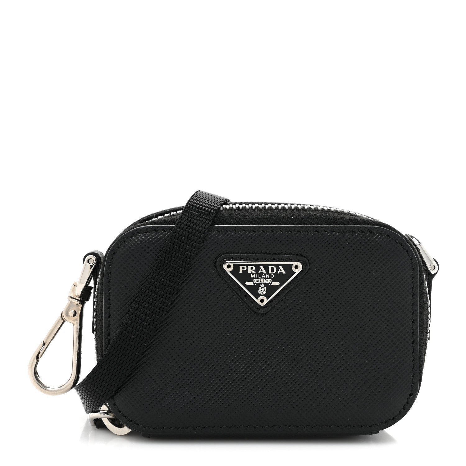 Prada Saffiano Travel Metal Triangle Logo Mini Pouch Shoulder Bag Black