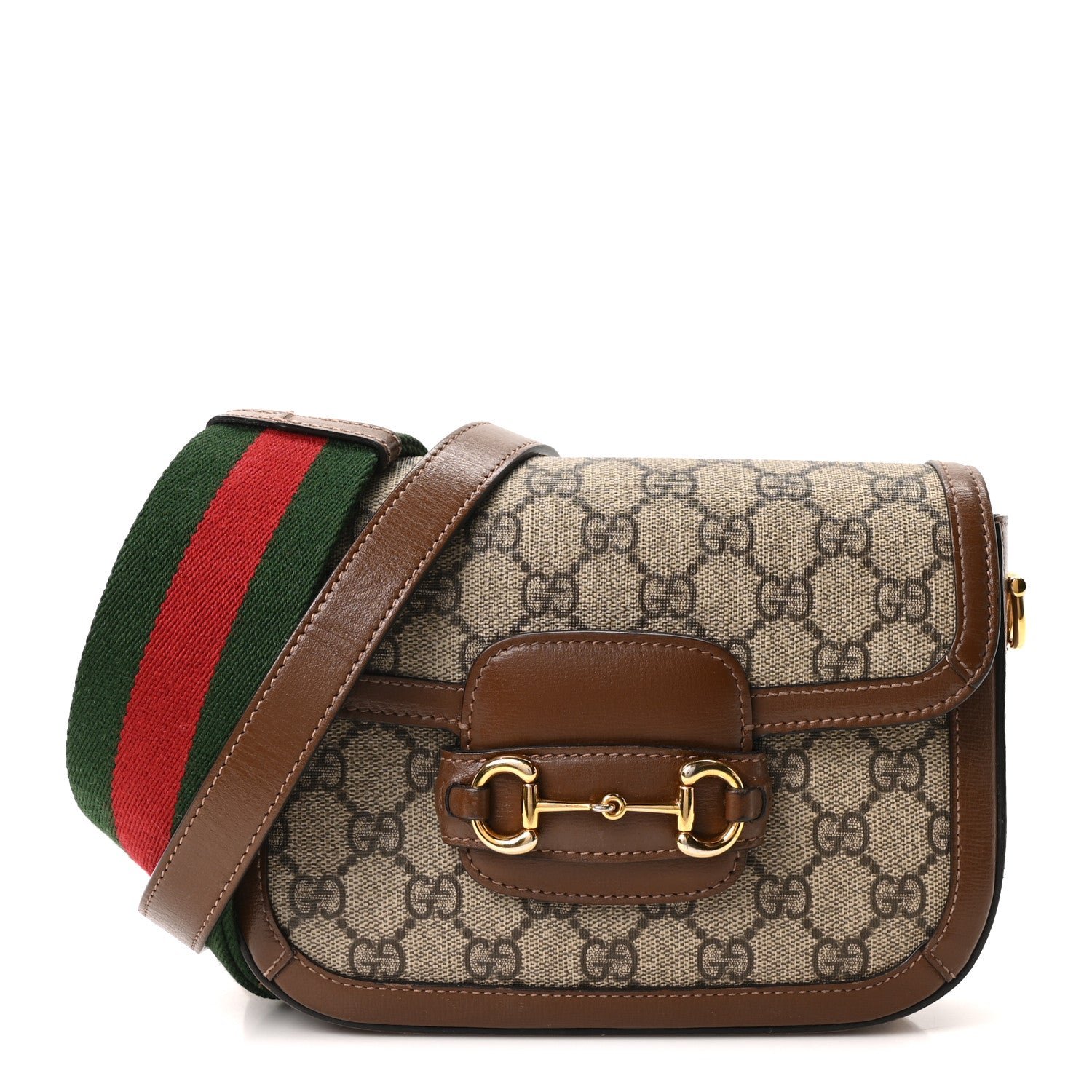 Gucci GG Supreme Monogram Azalea Calfskin Web Mini Horsebit 1955 Shoulder Bag Beige Ebony Brown Sugar