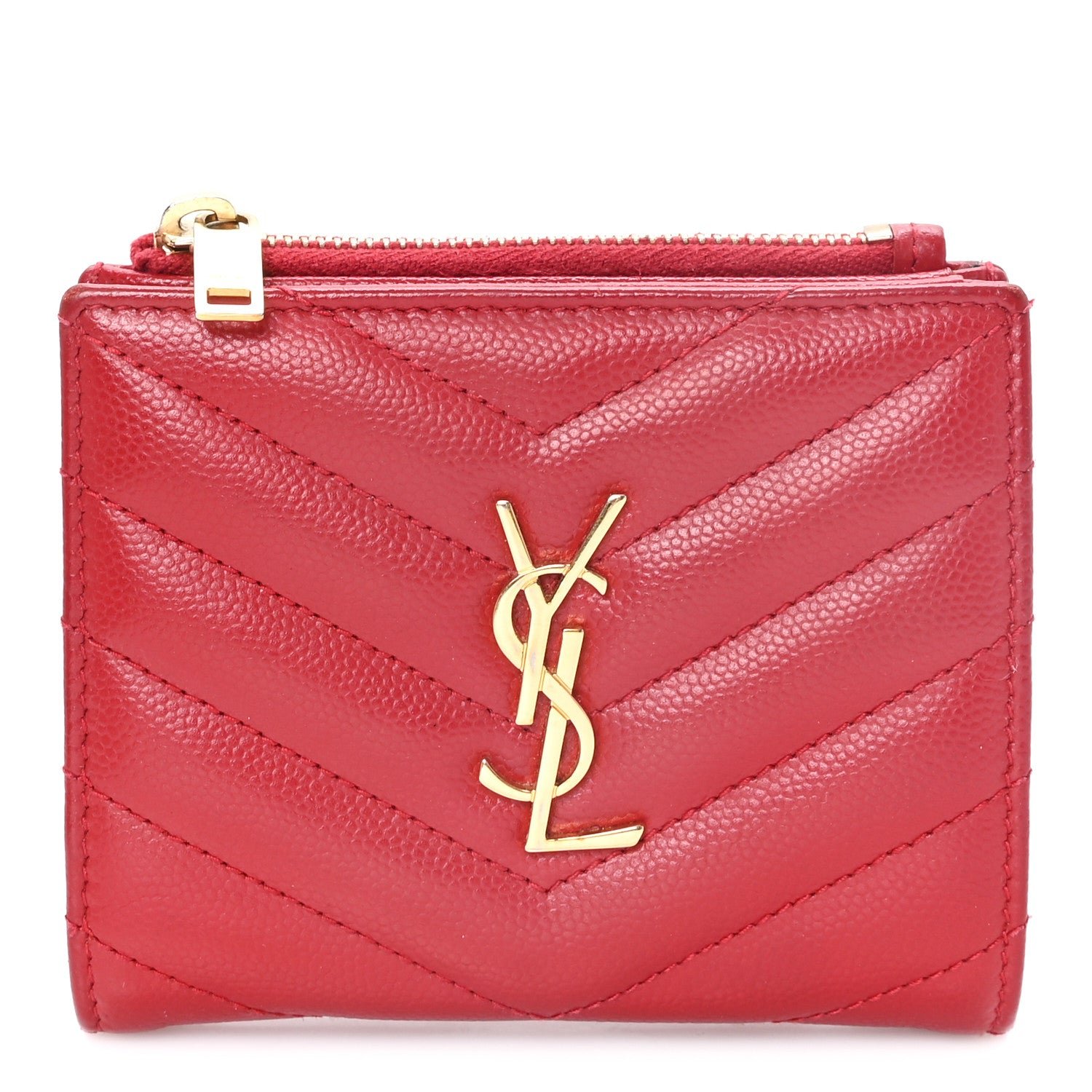 Saint Laurent Grain De Poudre Matelasse Chevron Monogram Zipped Card Case Rouge Eros