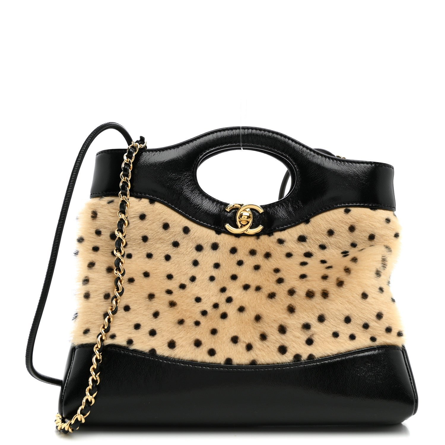 Chanel Shiny Lambskin Pony Hair Cheetah Printed Mini 31 Shopping Bag Light Beige Black