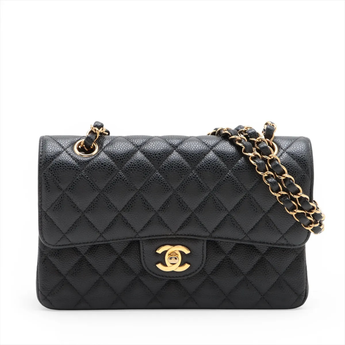 Chanel Matelasse 23 Small Caviar Skin Double Flap Double Chain Bag Black Gold Me