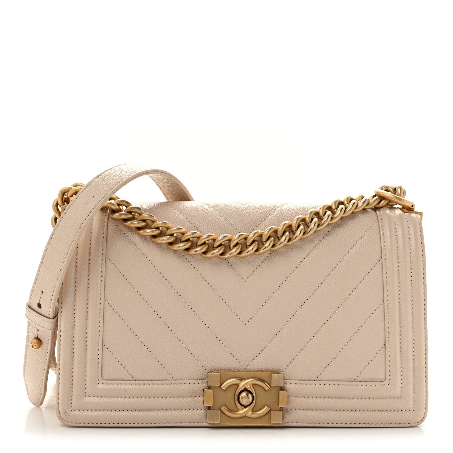 Chanel Caviar Chevron Quilted Medium Boy Flap Light Beige