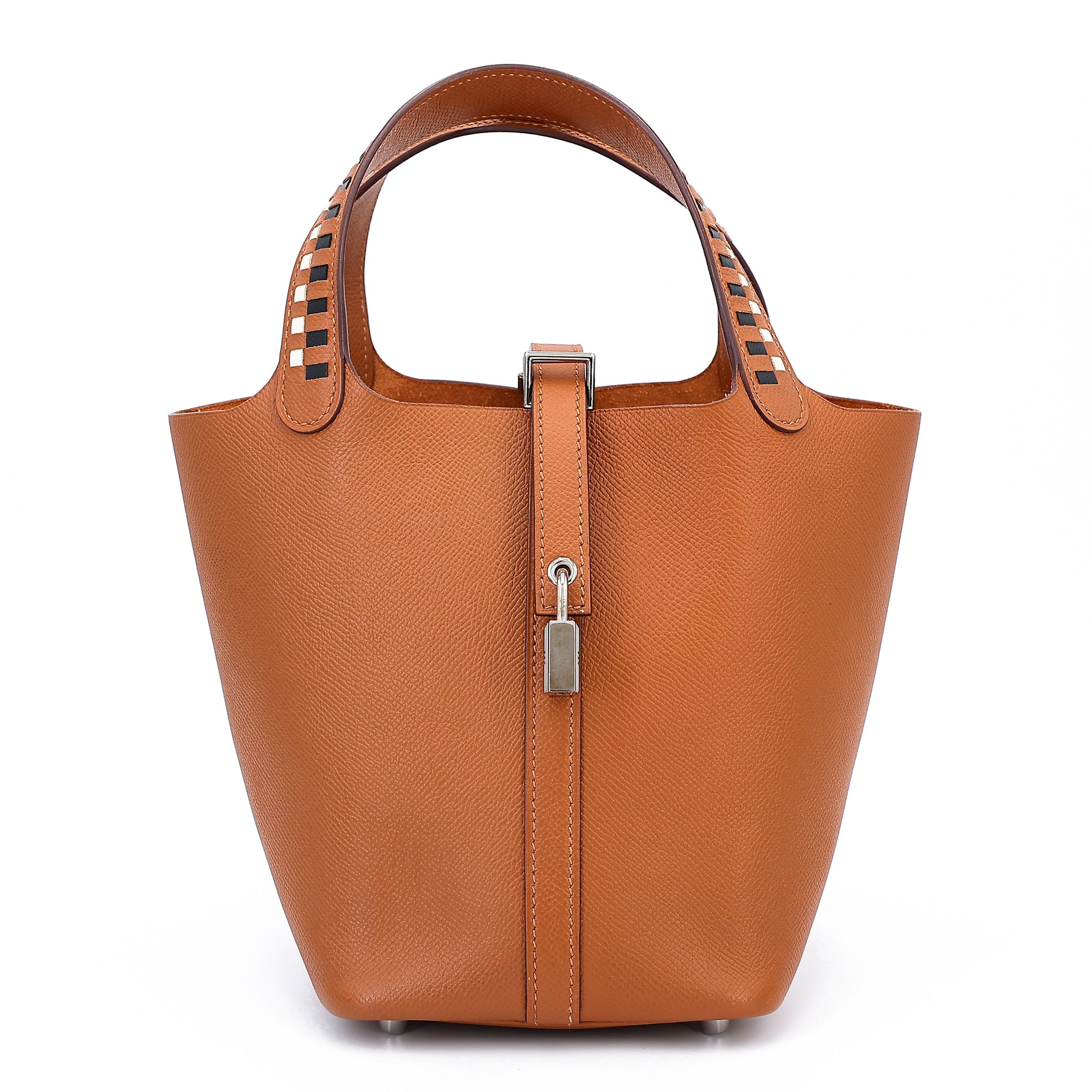 Hermes Very Good ( Rank A) HERMÈS Limited Edition Picotin Lock PM Tressage De Cuir Gold (37) Epsom Palladium hardware C (2018)