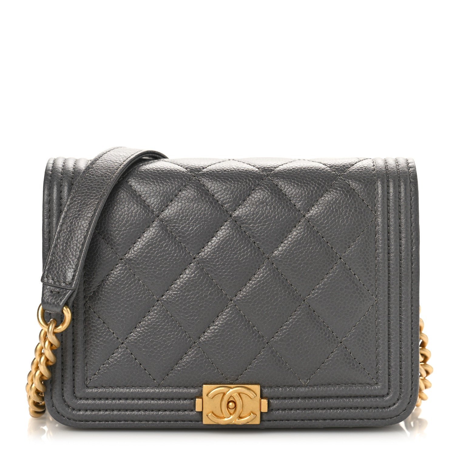 Chanel Caviar Quilted Mini Boy Wallet On Chain WOC Dark Gray