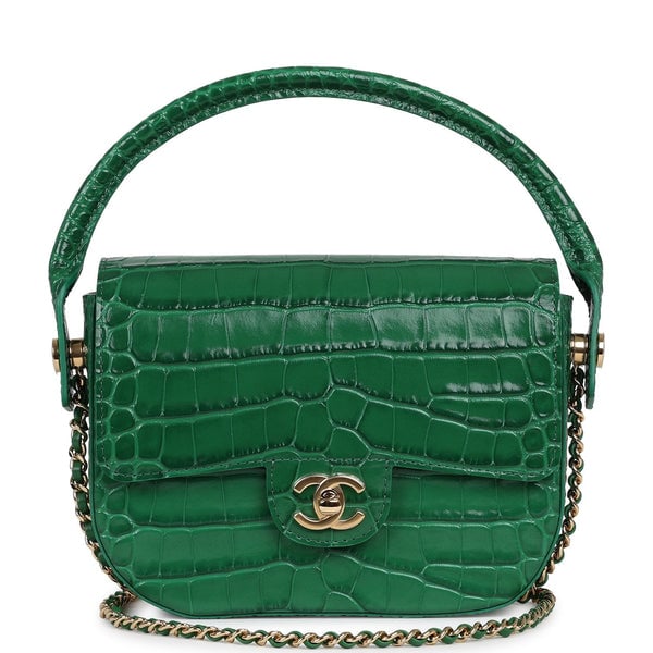 Chanel Mini Top Handle "Turn Around" Flap Bag Green Croc Embossed Calfskin Gold Hardware