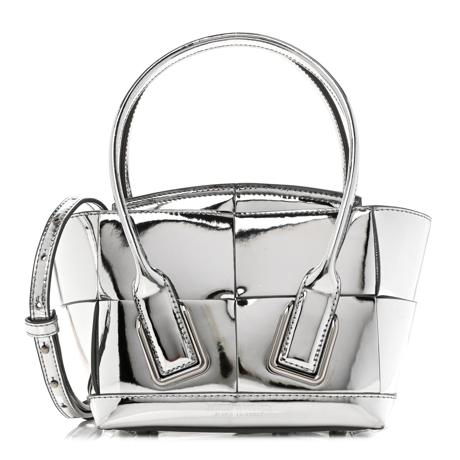 Bottega Veneta Mirror Laminated Nappa Maxi Intrecciato Mini Arco  Silver