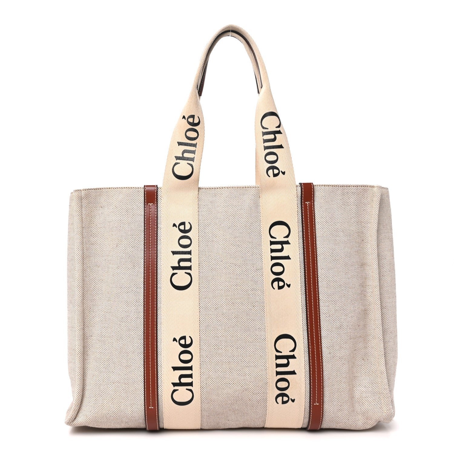 Chloe Cotton Calfskin Large Woody Ribbon Tote White Brown