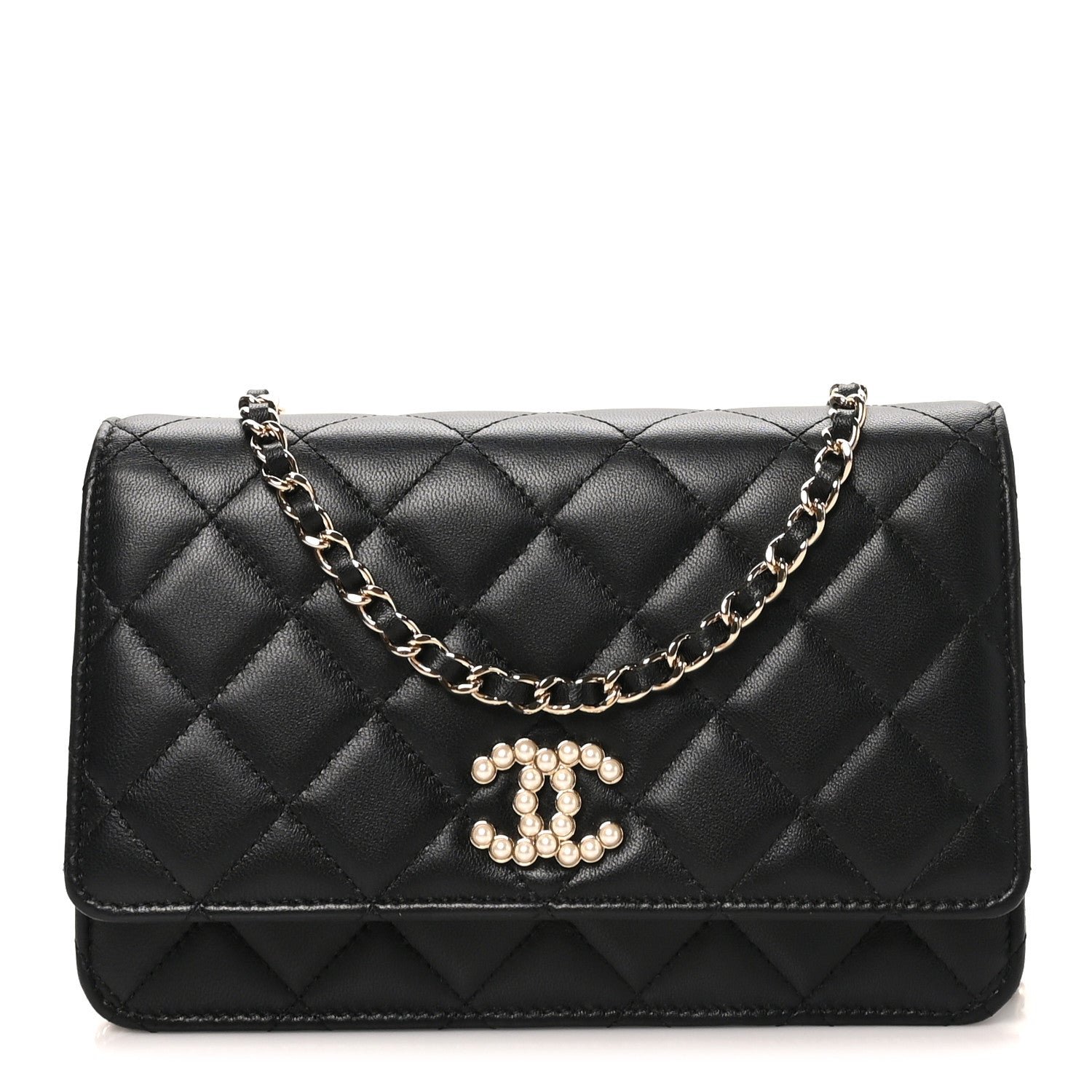 Chanel Lambskin Quilted Pearl CC Wallet on Chain WOC Black