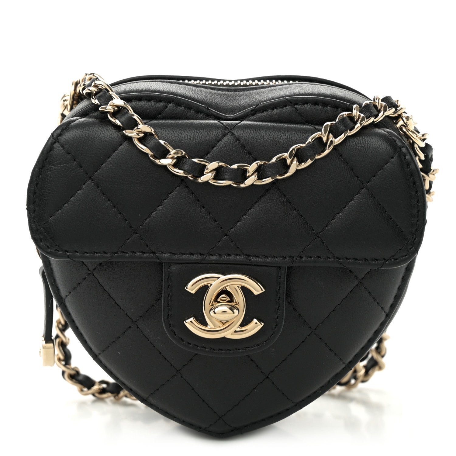 Chanel Lambskin Quilted CC In Love Heart Clutch With Chain Black