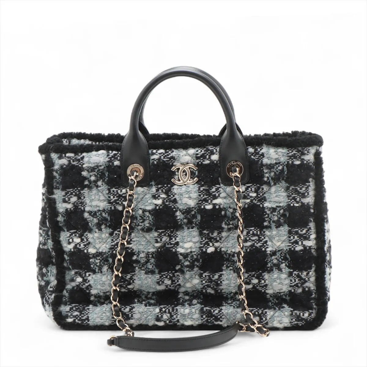 Chanel Matelasse Tweed x Leather 2 Way Tote Bag Black Silver Metal Fittings rand
