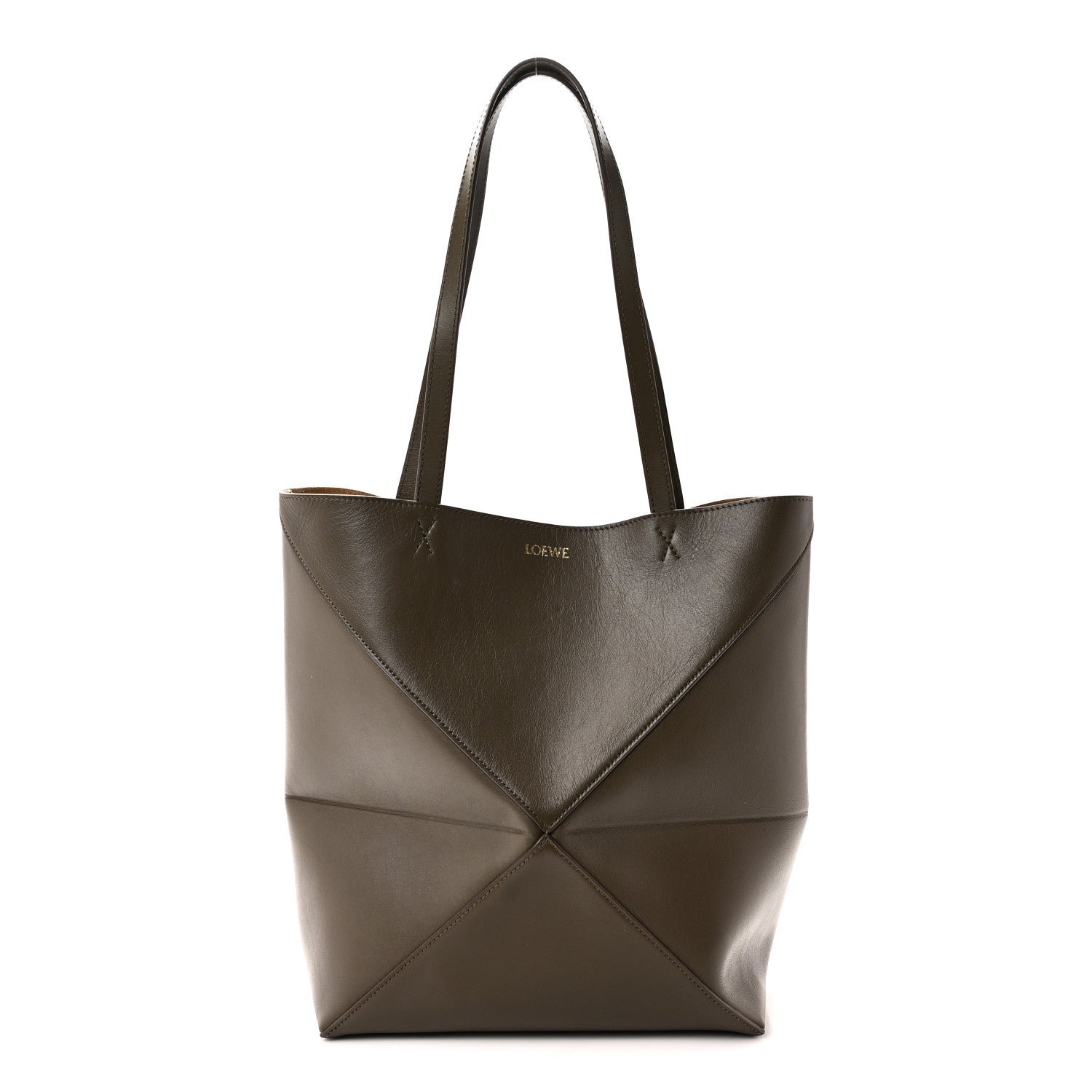Loewe Shiny Calfskin Medium Puzzle Fold Tote Dark Khaki Green
