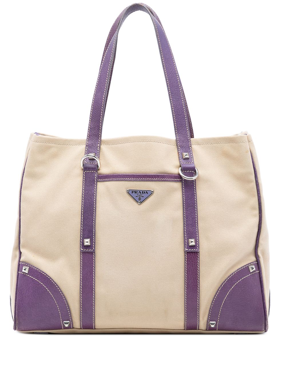 2013-2025 Studded Leather Trimmed Canvas Front Pocket Tote satchel