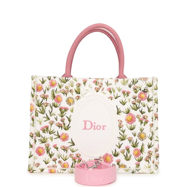 Christian Dior Medium "Daisy Garden" Book Tote with Strap Pink, White, Multi Embroidered Canvas Silver Hardware