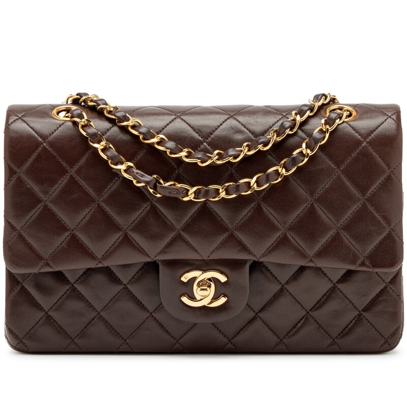 Vintage Chocolate Brown Quilted Lambskin Classic Medium Double Flap Bag Gold Hardware, 1996-1997