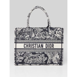 Dior Christian Dior Blue/White Toile De Jouy Embroidered Canvas Medium Book Tote Bag