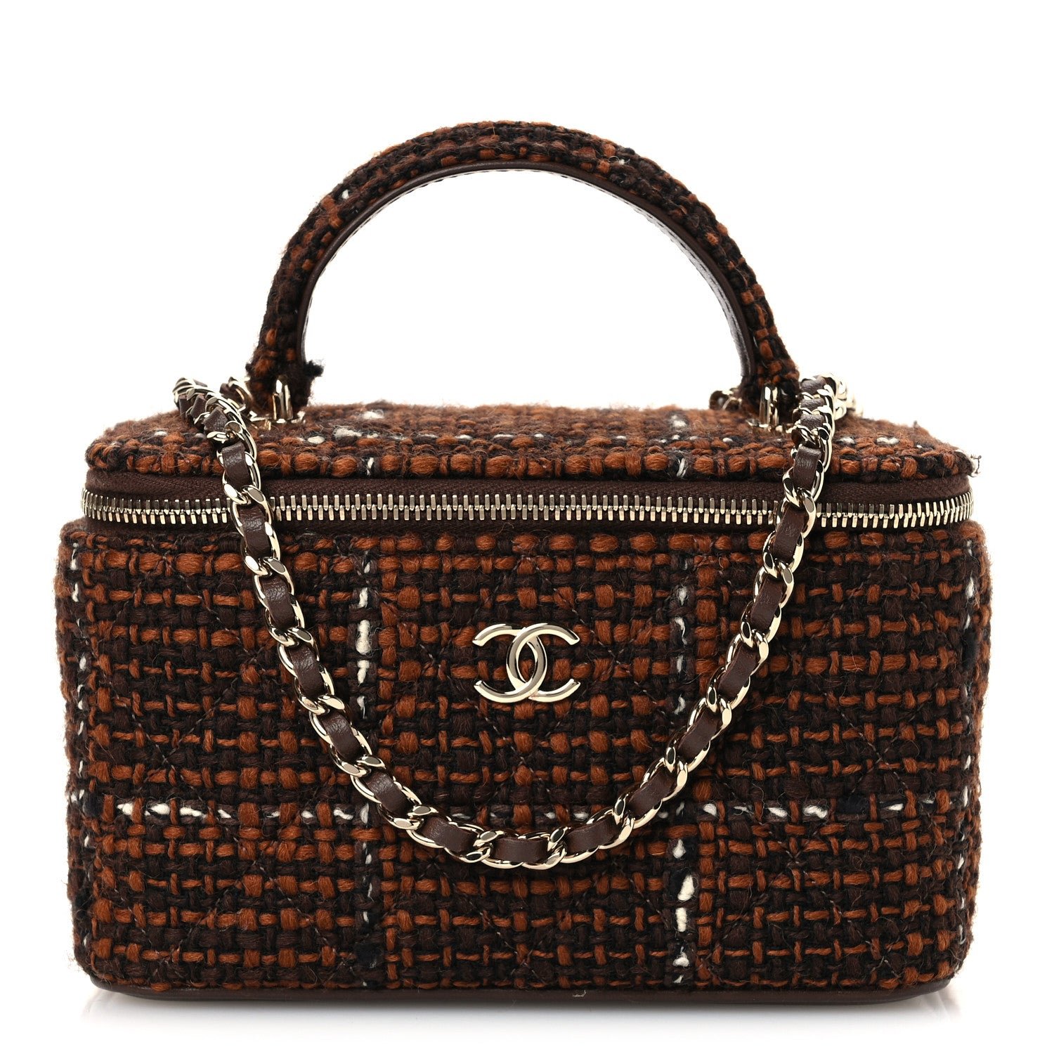 Chanel Tweed Small Top Handle Vanity Case With Chain Brown Multicolor