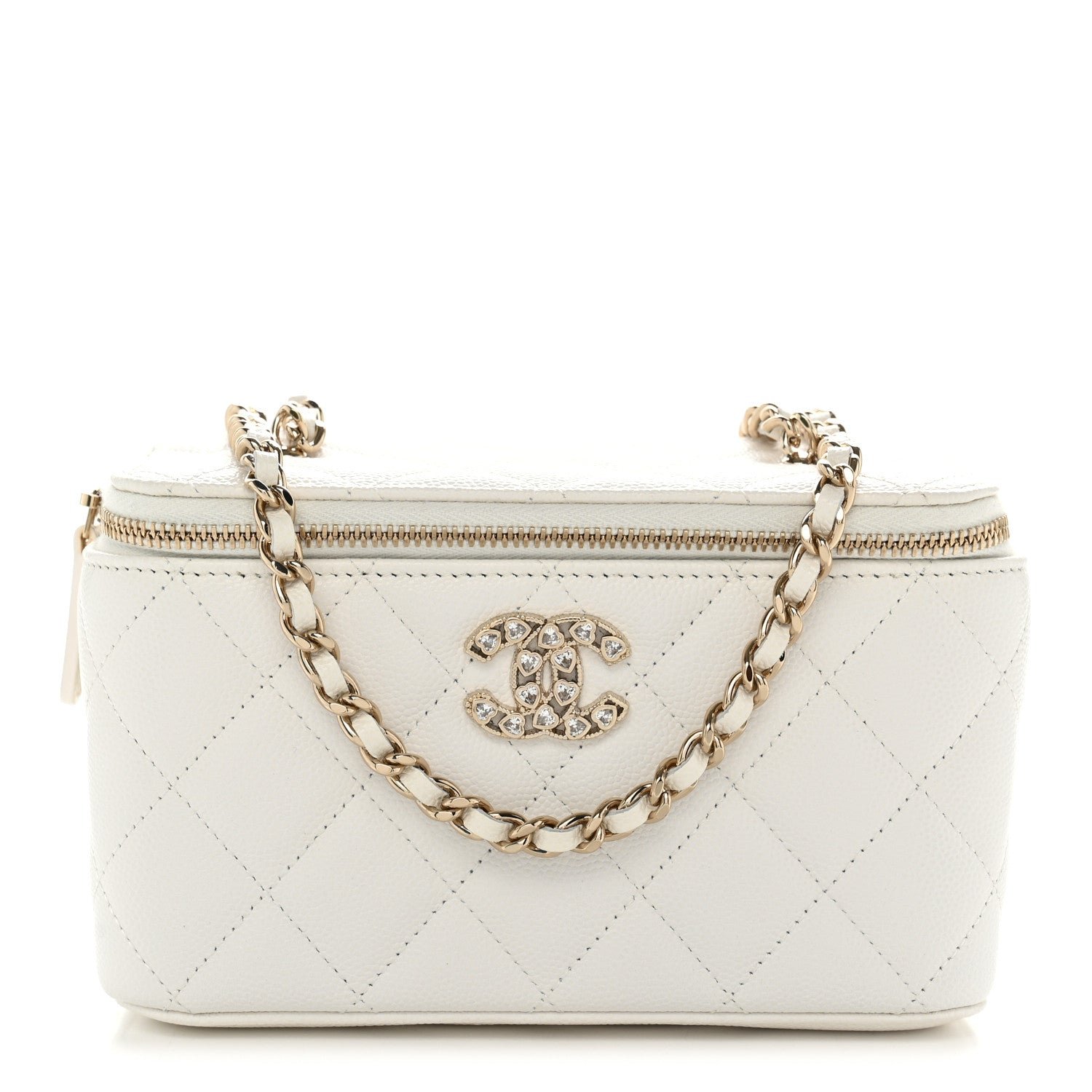 Chanel Caviar Quilted Crystal Hearts Small Vanity Case With Chain White