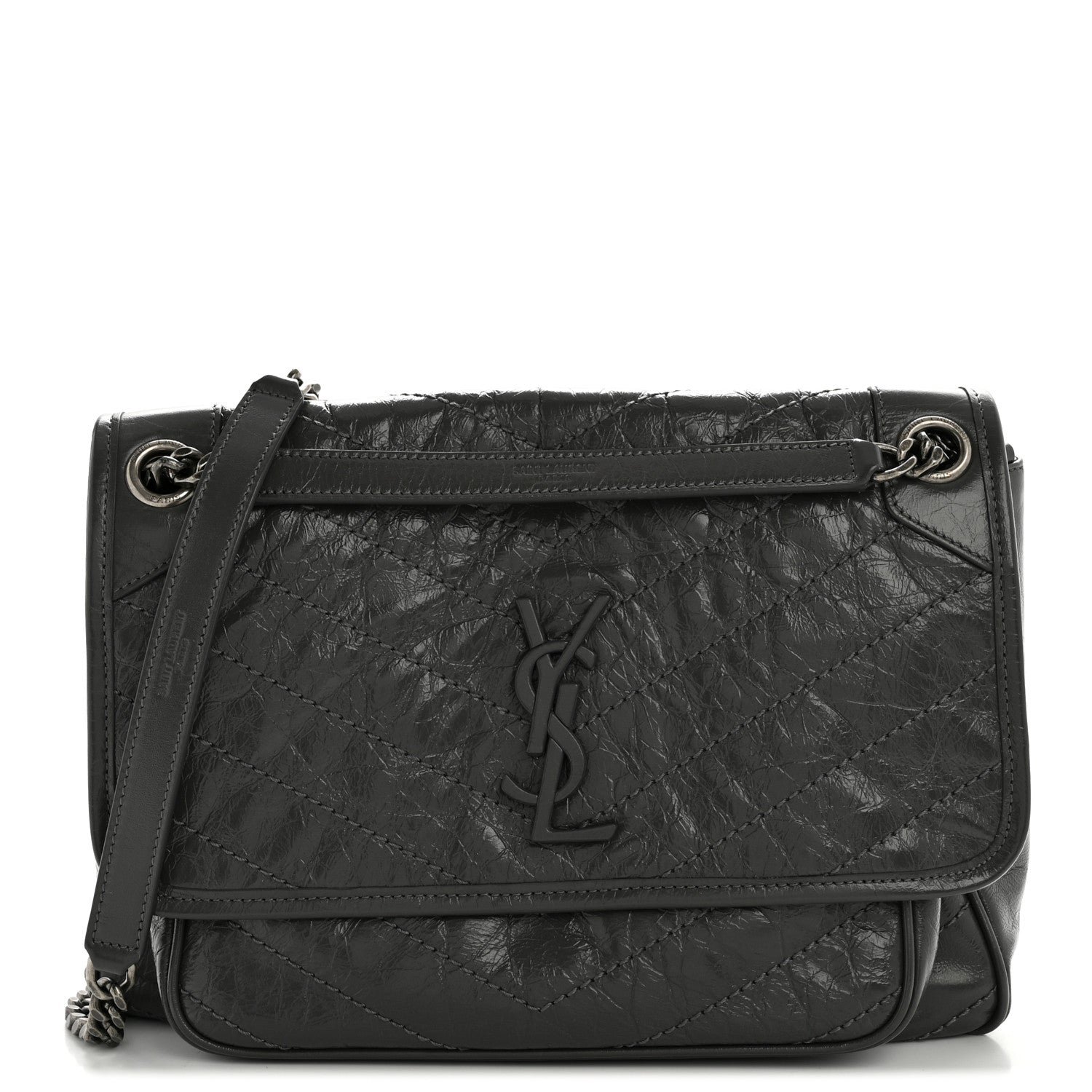 Saint Laurent Crinkled Calfskin Matelasse Monogram Medium Niki Chain Satchel Storm