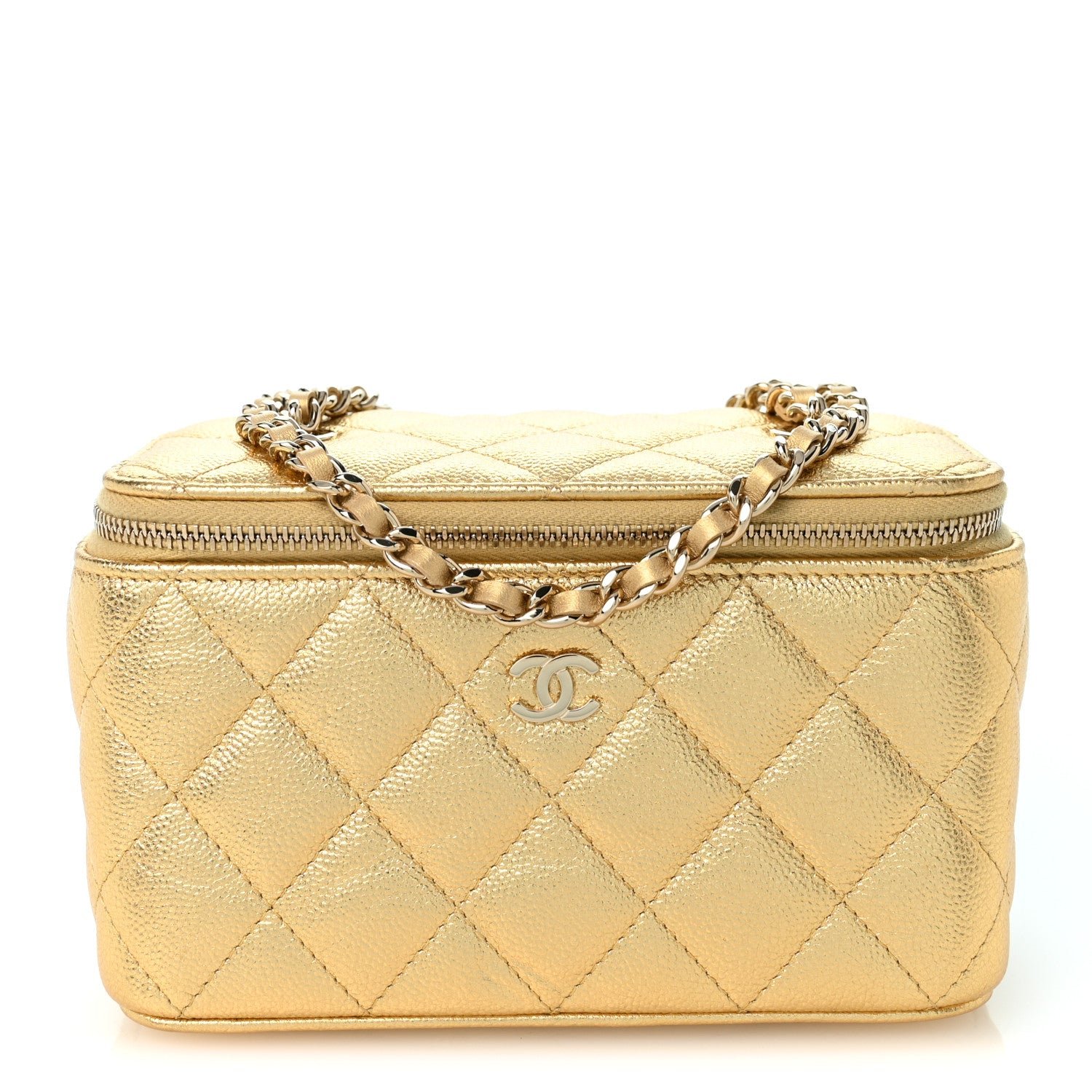 Chanel Metallic Caviar Quilted Small Vanity Case With Chain Gold
