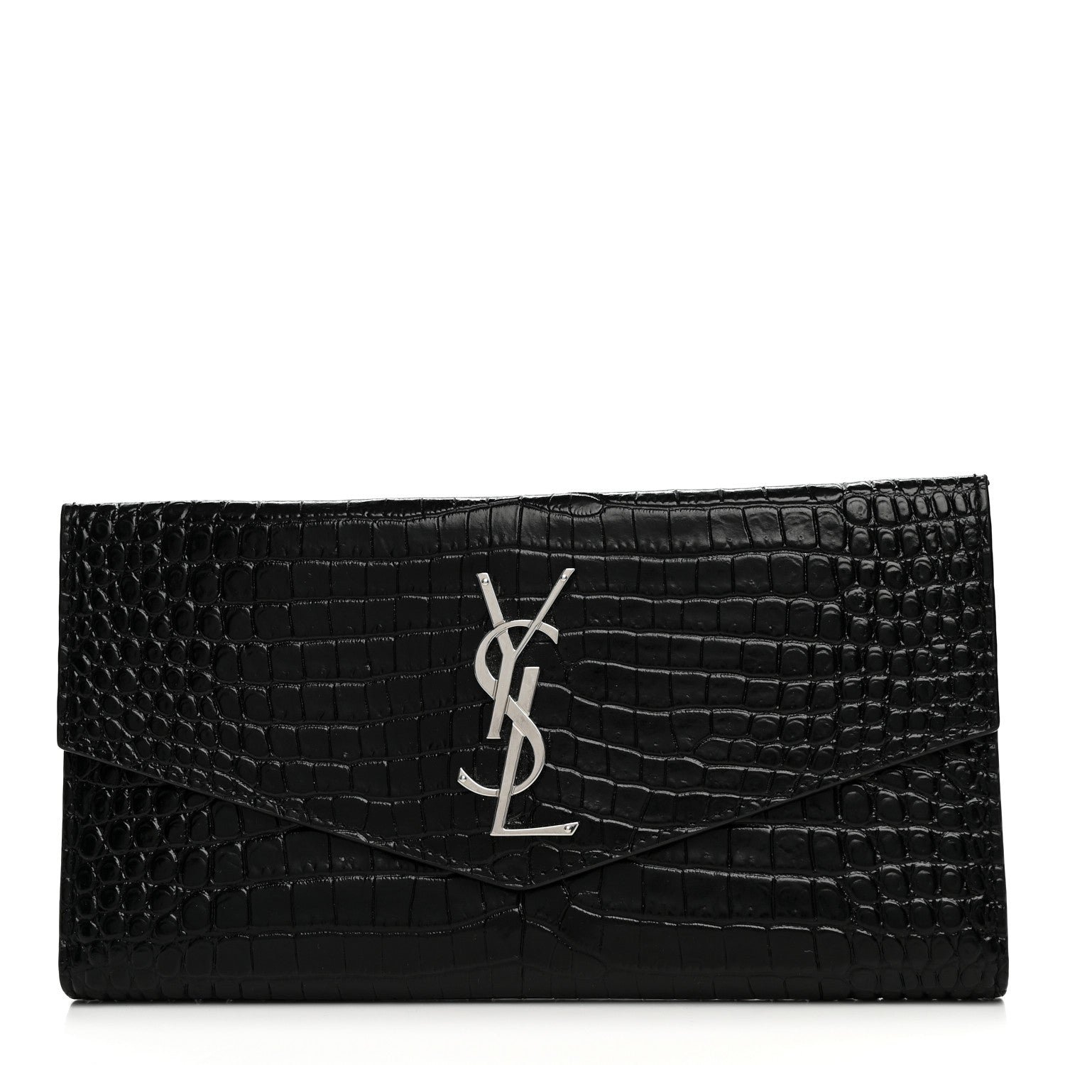 Saint Laurent Calfskin Crocodile Embossed Monogram Uptown Wallet Black
