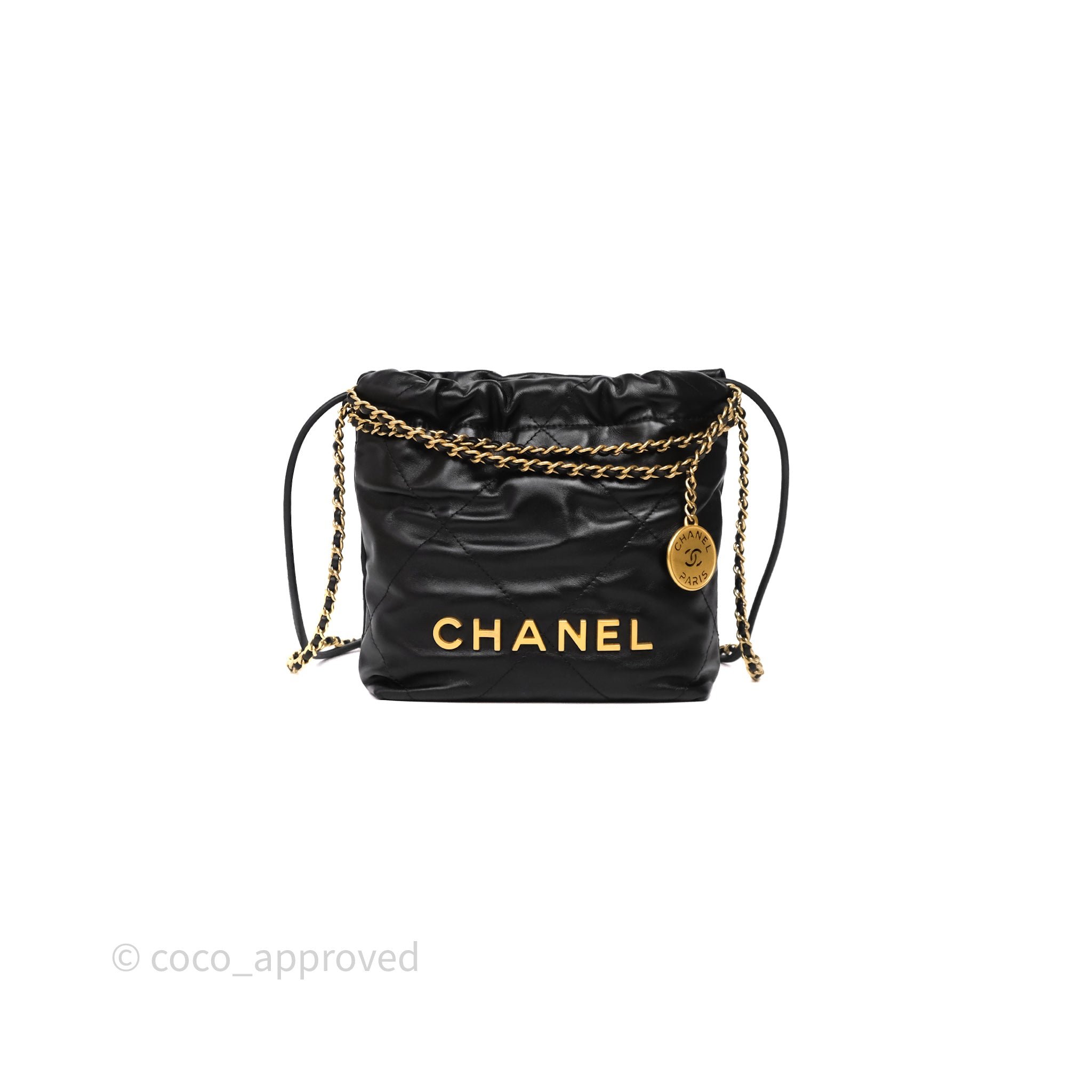 Chanel 22 Mini Bag Black Crumpled Calfskin Aged Gold Hardware