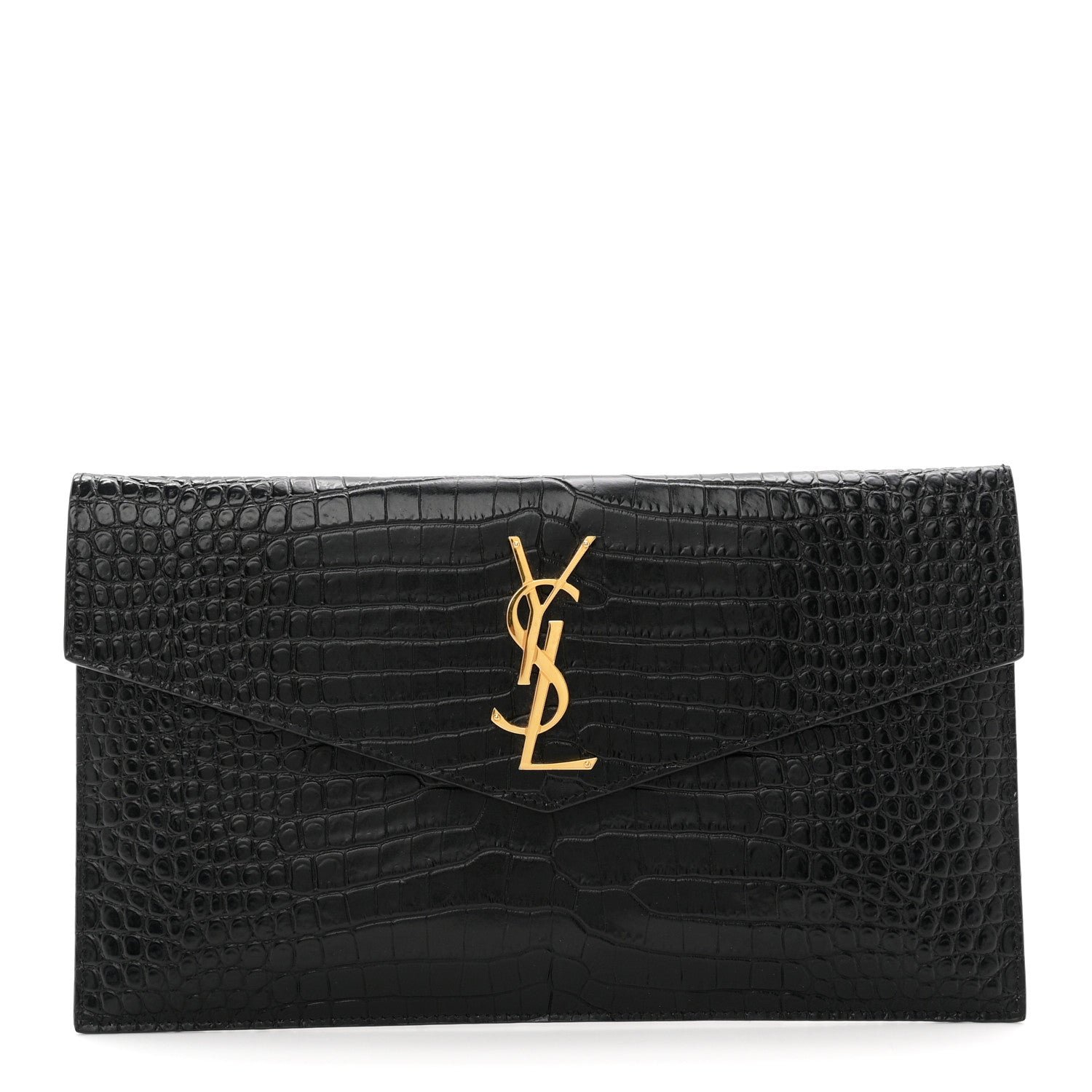 Saint Laurent Calfskin Crocodile Embossed Uptown Monogram Pouch Black