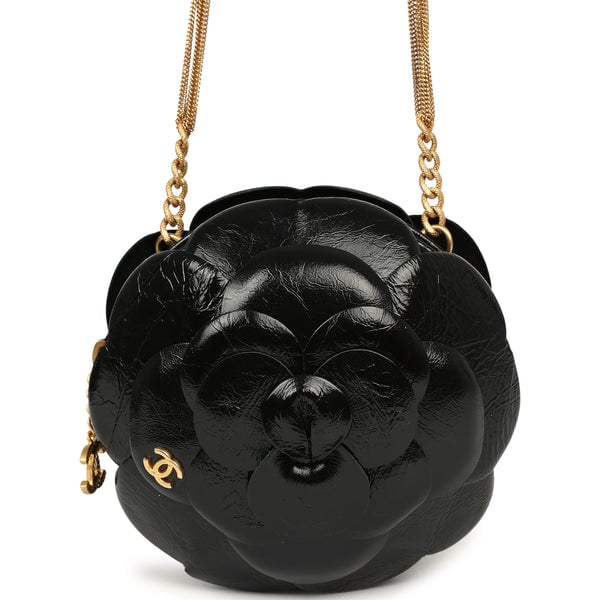 Chanel Camellia Round Clutch with Chain Black Patent Aged Calfskin Brushed Gold Hardware