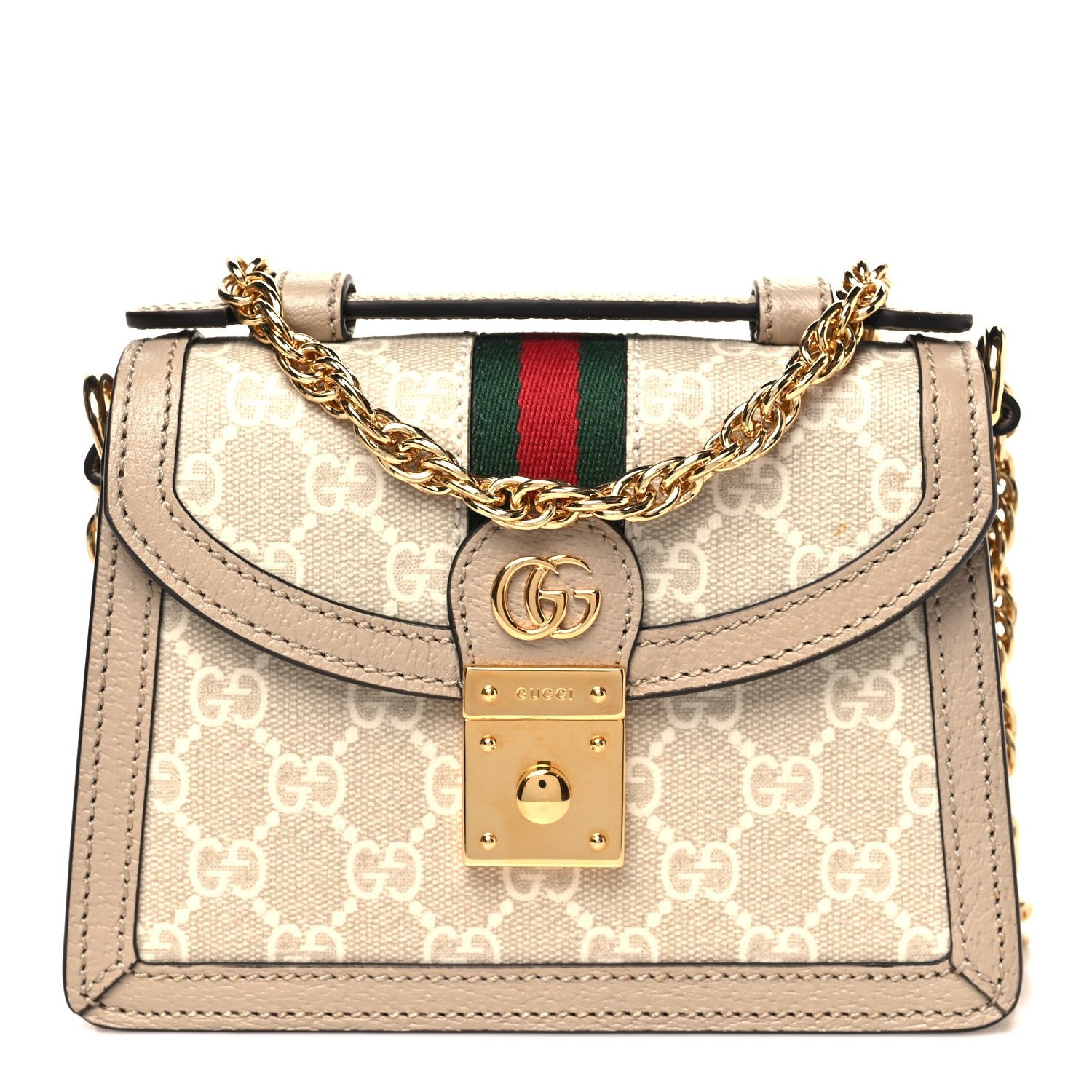 Gucci GG Supreme Monogram Textured Dollar Calfskin Web Mini Ophidia Padlock Top Handle Chain Shoulder Bag Beige Mystic White Oatmeal