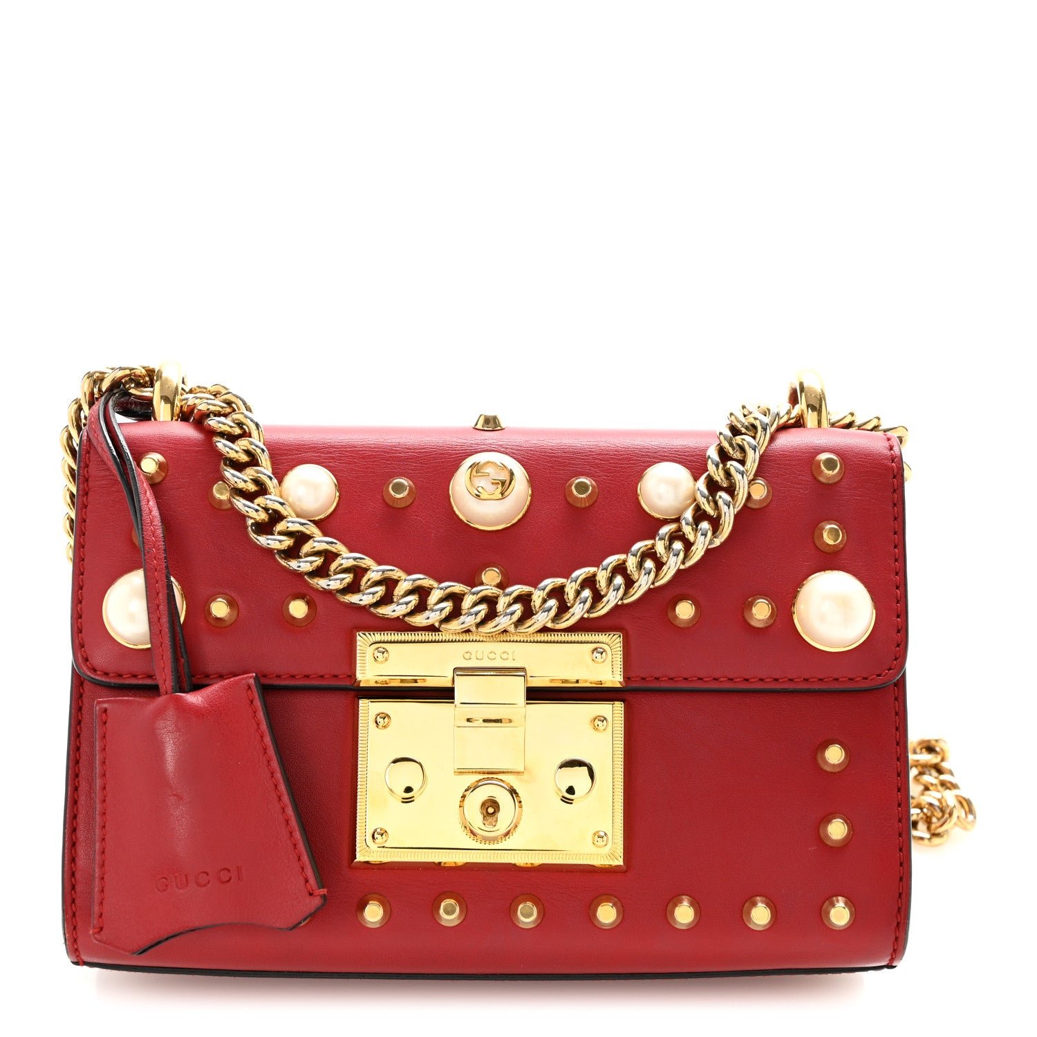 Gucci Calfskin Studded Small Padlock Shoulder Bag Hibiscus Red