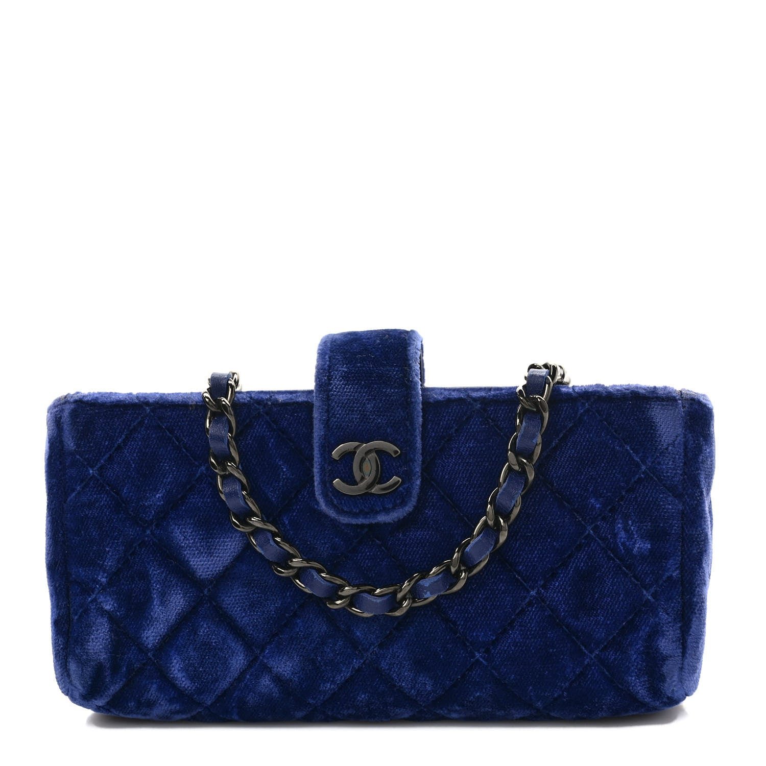 Chanel Velvet Quilted Mini Phone Holder Crossbody Bag Blue