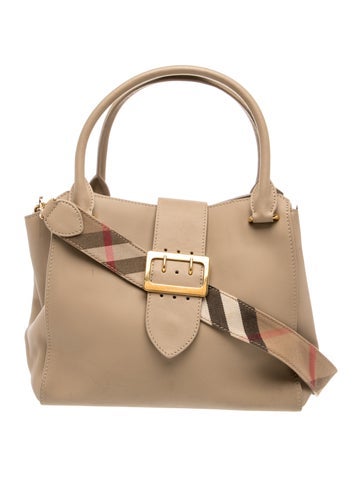 Burberry House Check Limestone Grained Leather Medium Buckle Tote Bag Medium
