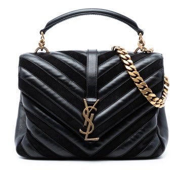 Suede Medium Calfskin and Suede Chevron Monogram College Satchel