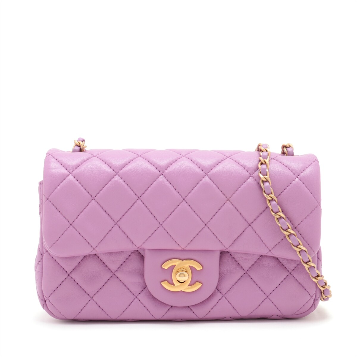 Chanel Mini Matelasse 20 Lambskin Single Flap Single Chain Bag Purple Gold Metal