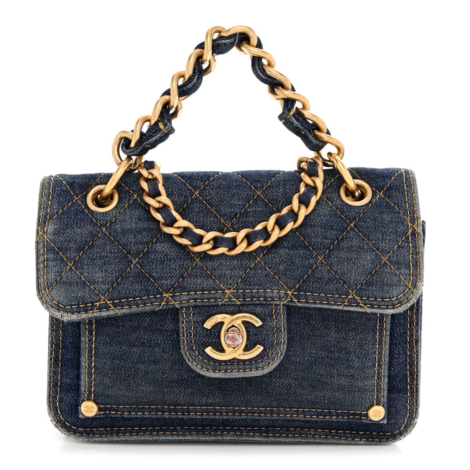 Chanel Denim Quilted Double You Mini Flap Blue Golden