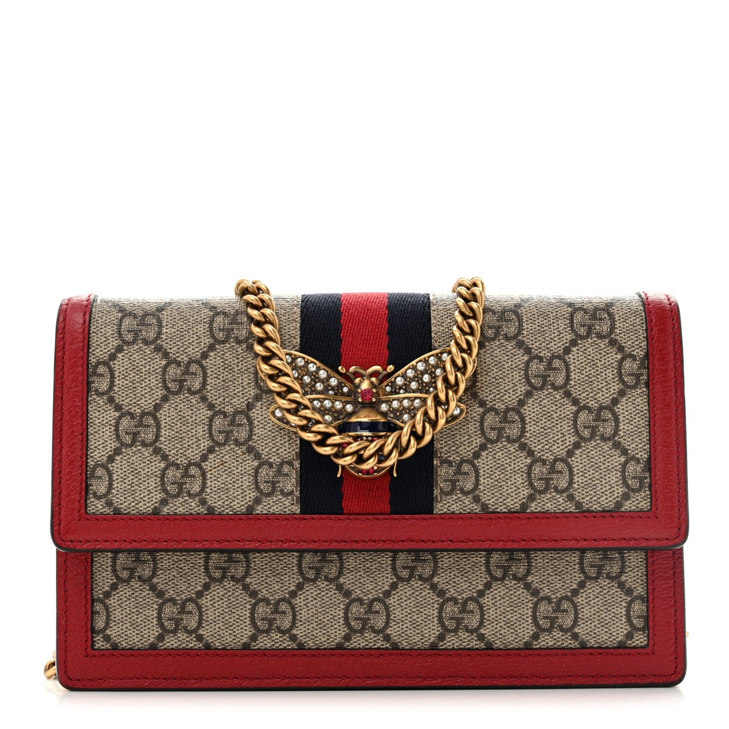 Gucci GG Supreme Monogram Web Queen Margaret Chain Wallet Red