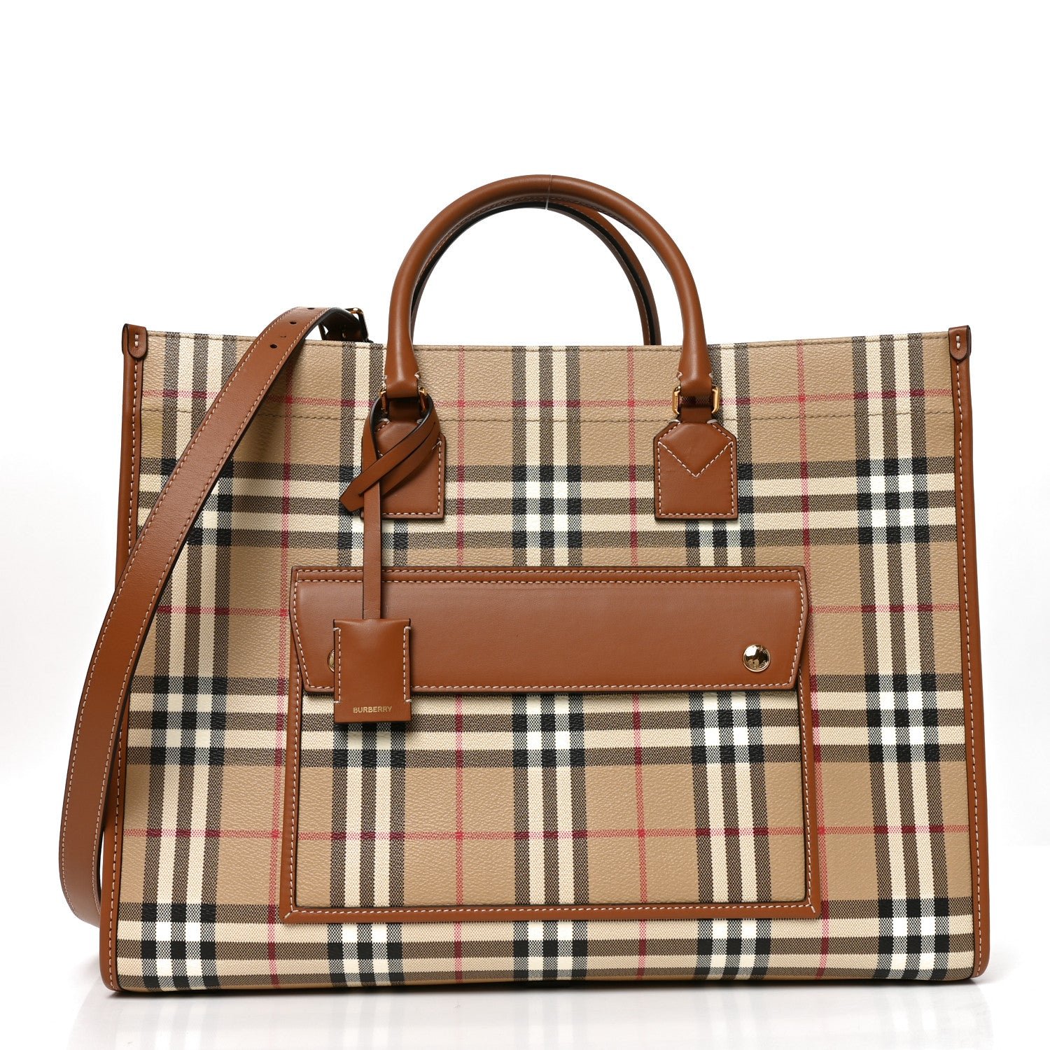 Burberry Canvas Vintage Check Calfskin Medium Freya Tote Briar Brown