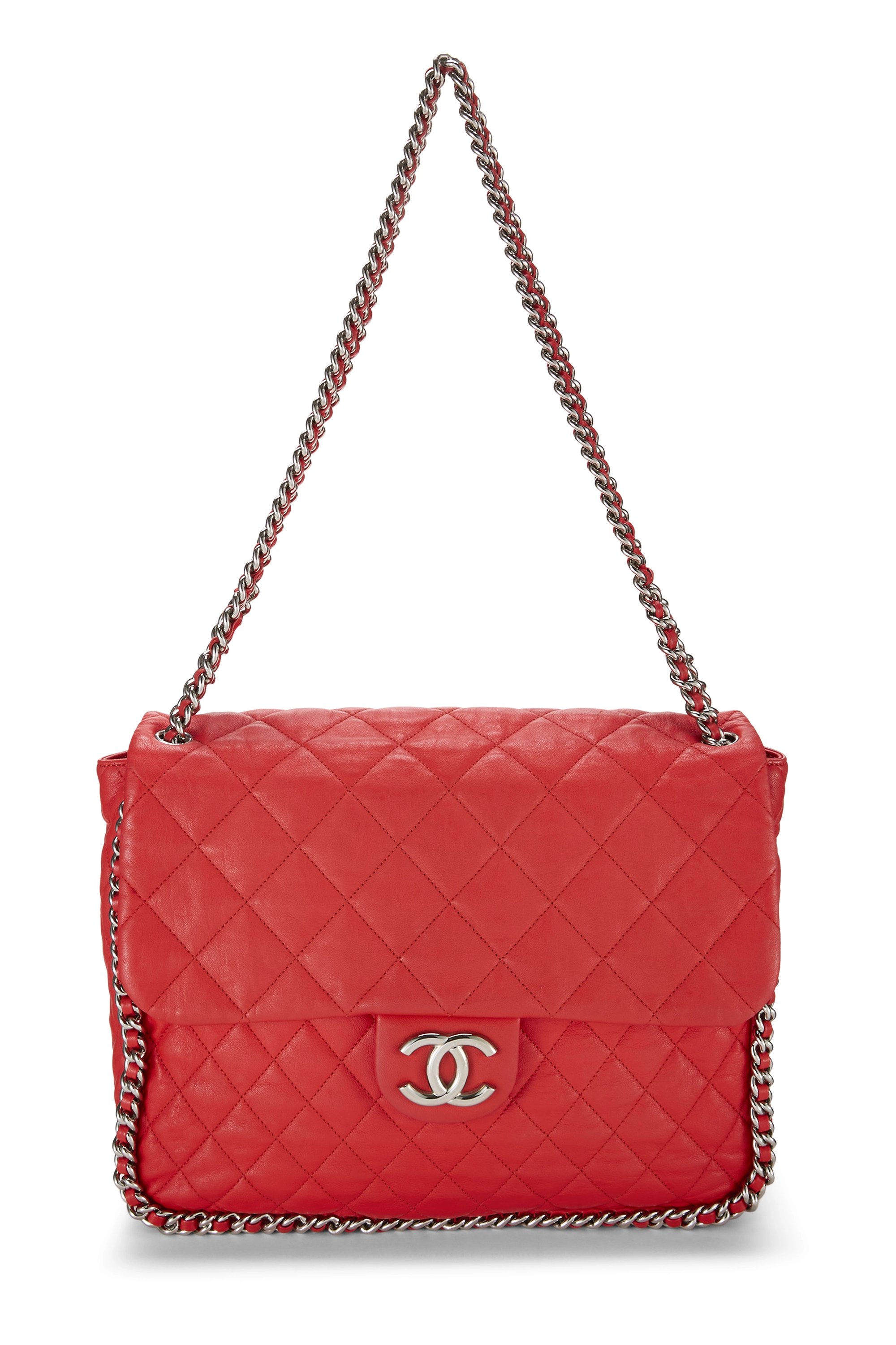 Red Quilted Lambskin Chain Around Half Flap Maxi