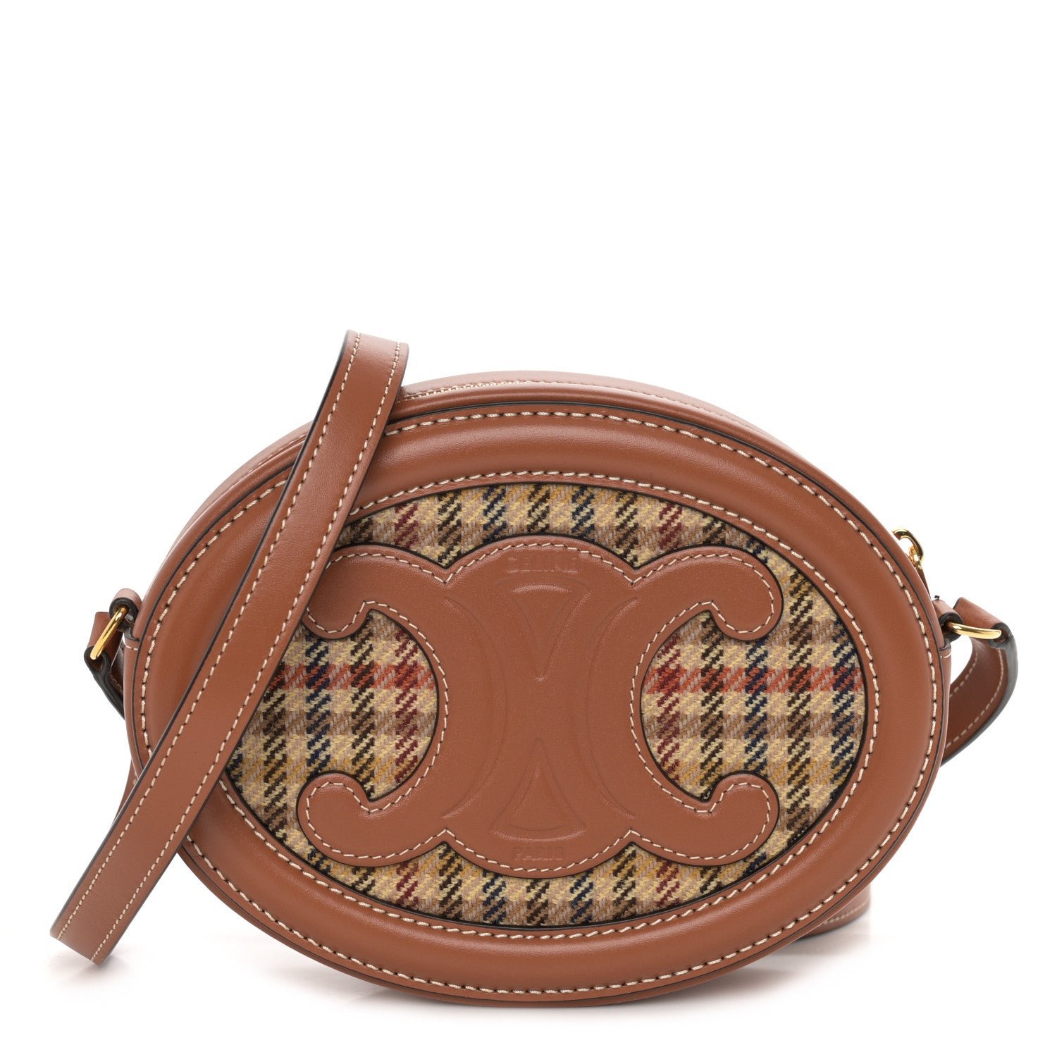 Celine Smooth Calfskin Houndstooth Cuir Small Triomphe Oval Purse Crossbody Tan