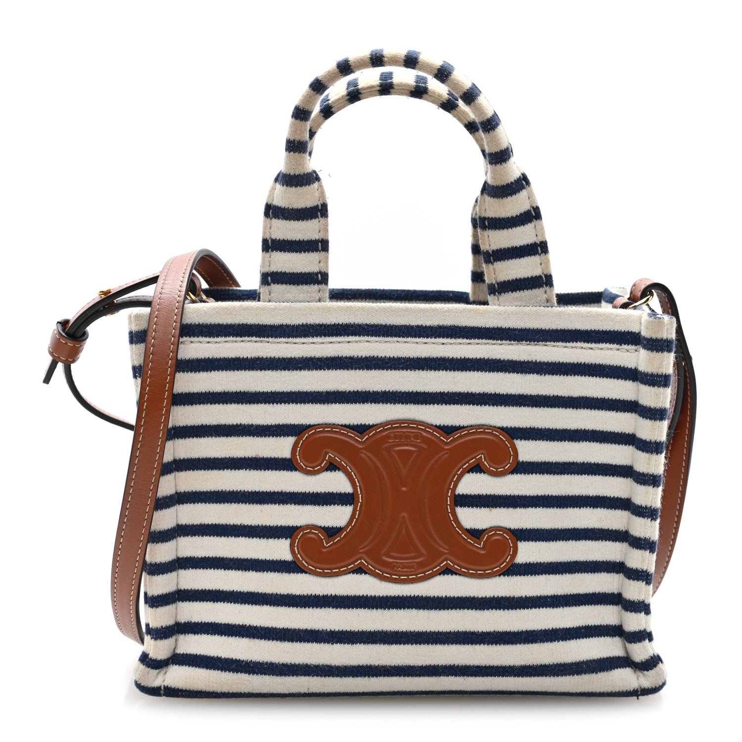 Celine Canvas Calfskin Striped Triomphe Mini Cabas Thais Navy Blue White