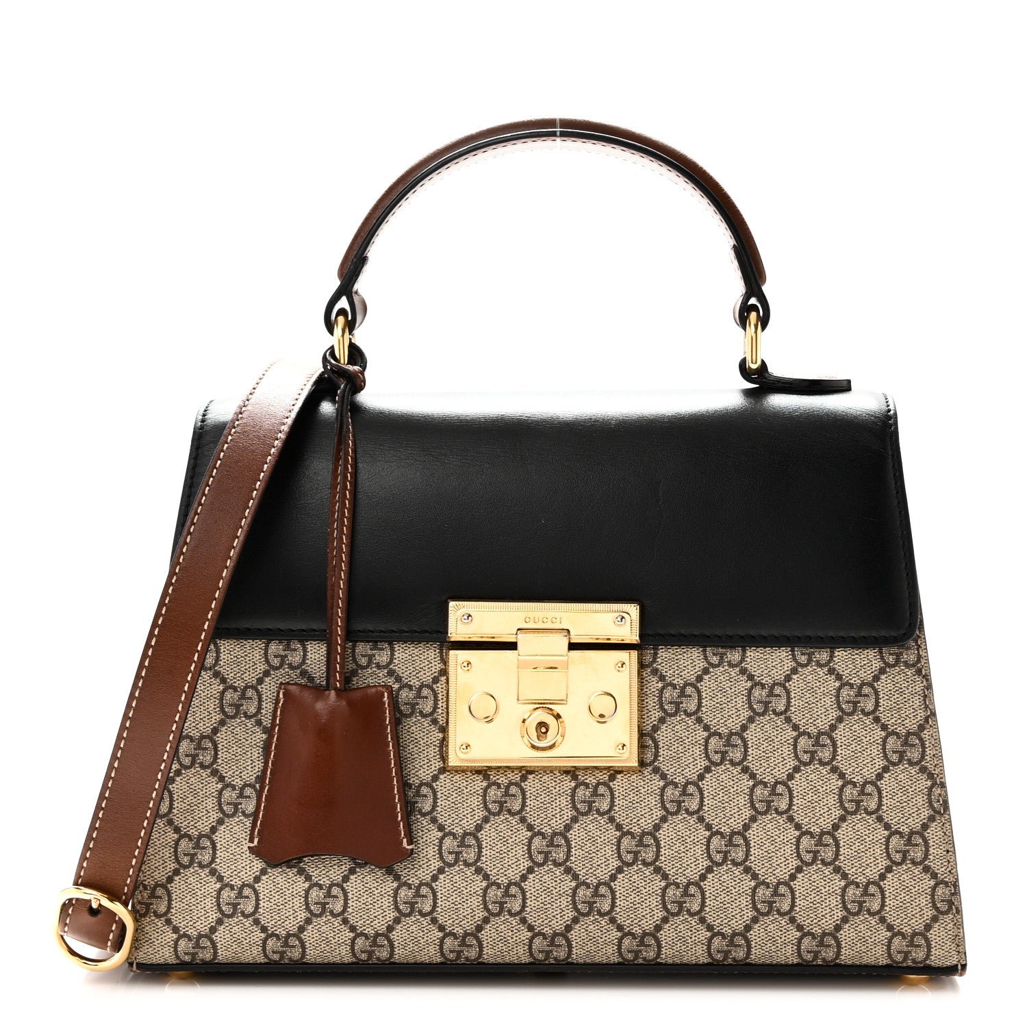 Gucci GG Supreme Monogram Calfskin Small Padlock Top Handle Bag Beige Black Cuir