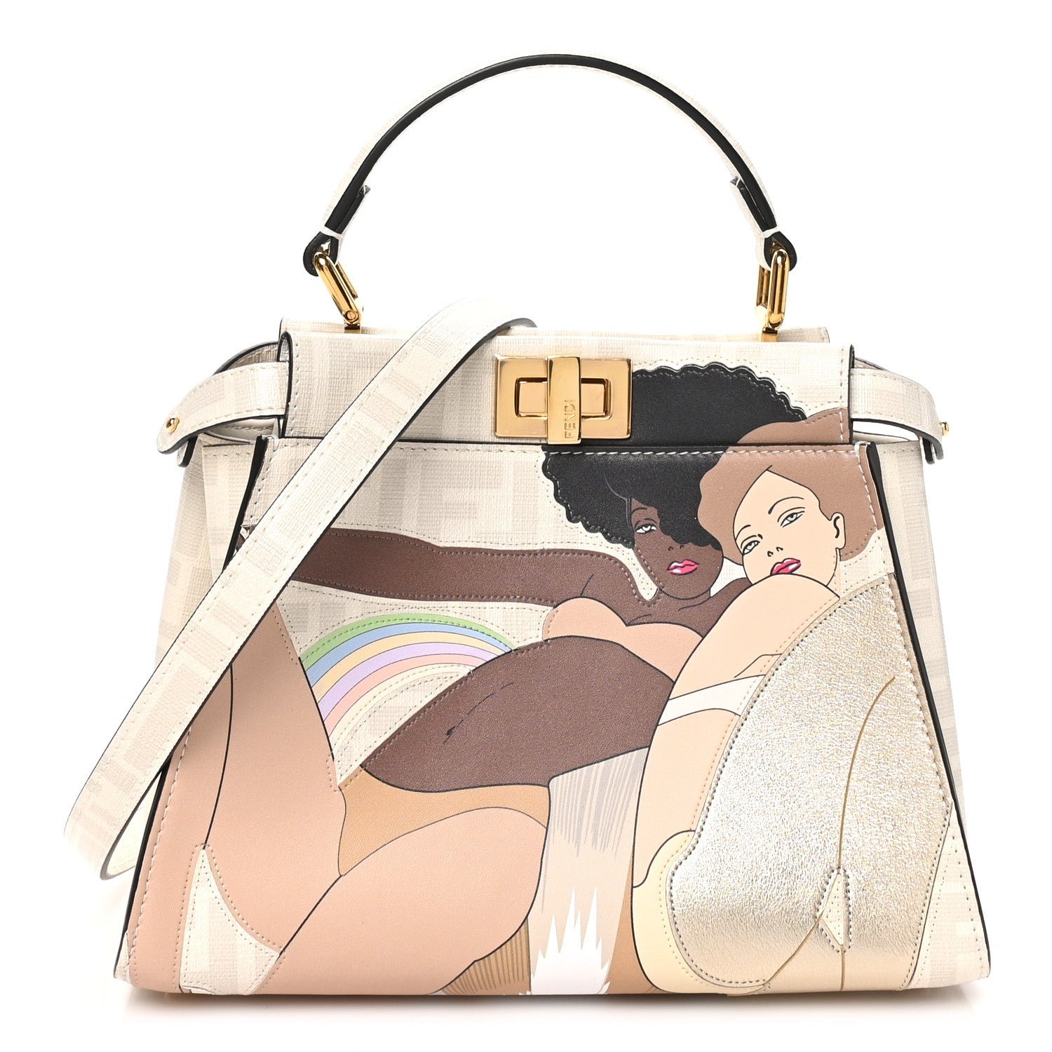 Fendi Glazed Fabric Nappa FF Disco Girls Inlay Mini Peekaboo Iconic Satchel Bianco Perla Multicolor