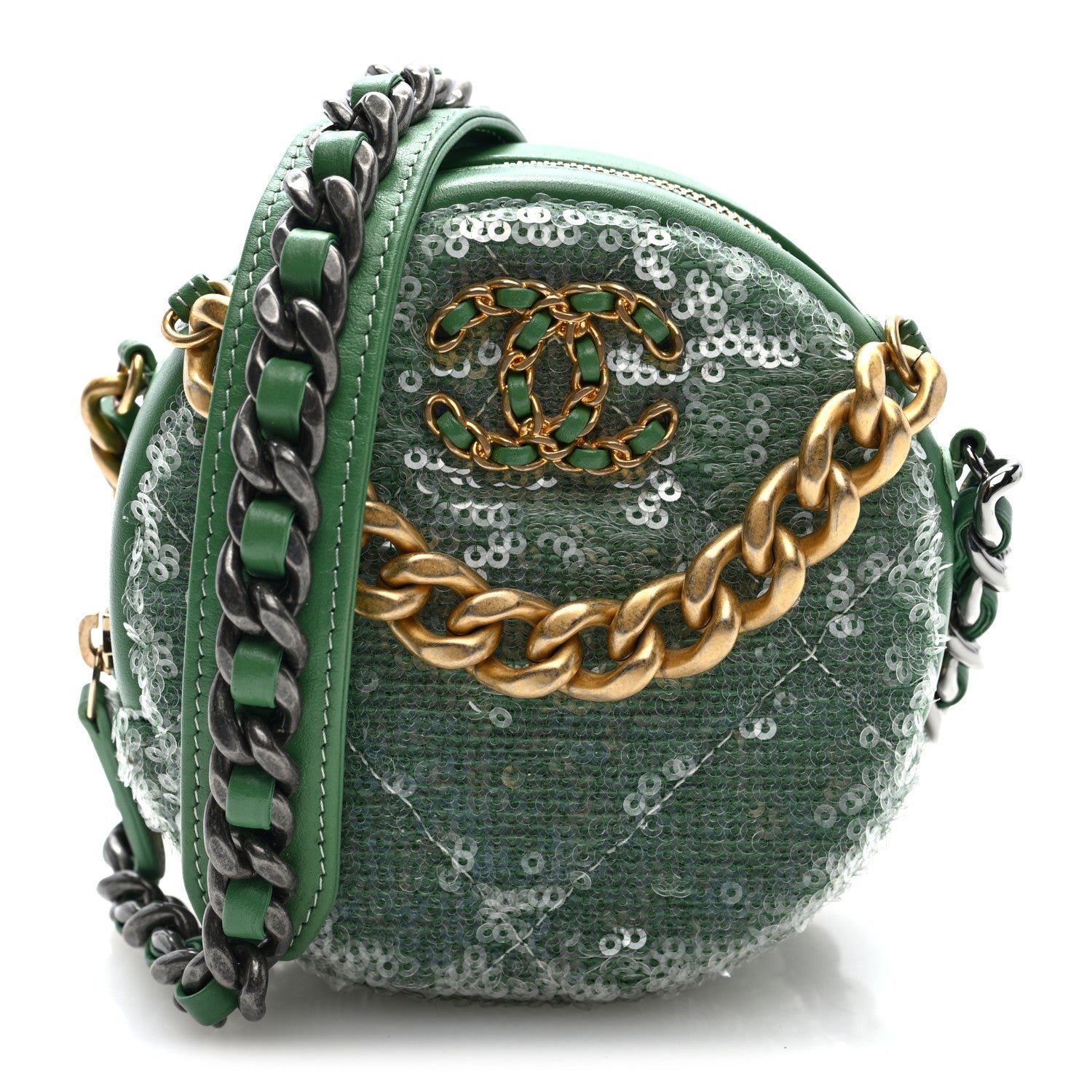 Chanel Sequin Chanel 19 Round Clutch With Chain Green Green
