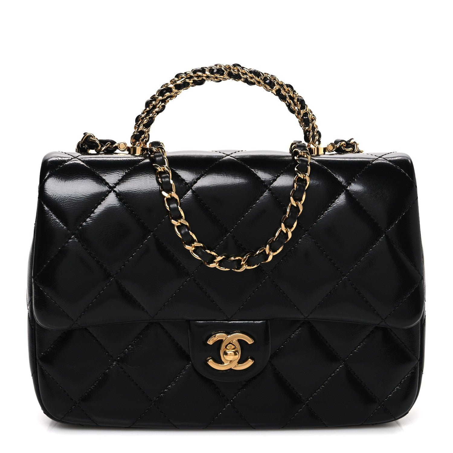 Chanel Shiny Lambskin Quilted Twisted Links Top Handle Flap Black