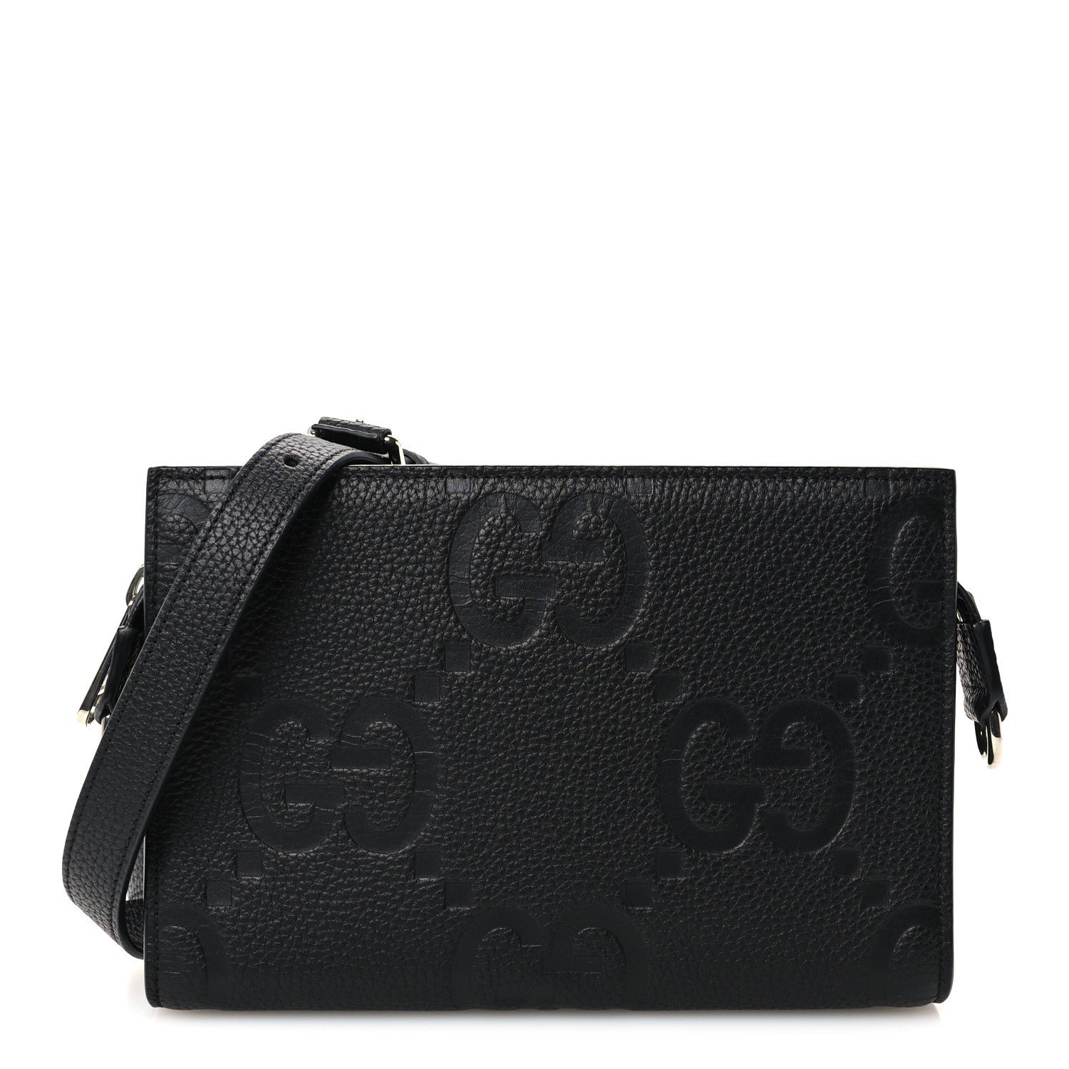 Gucci Monogram Jumbo GG Textured Dollar Calfskin Wristlet Messenger Bag Black