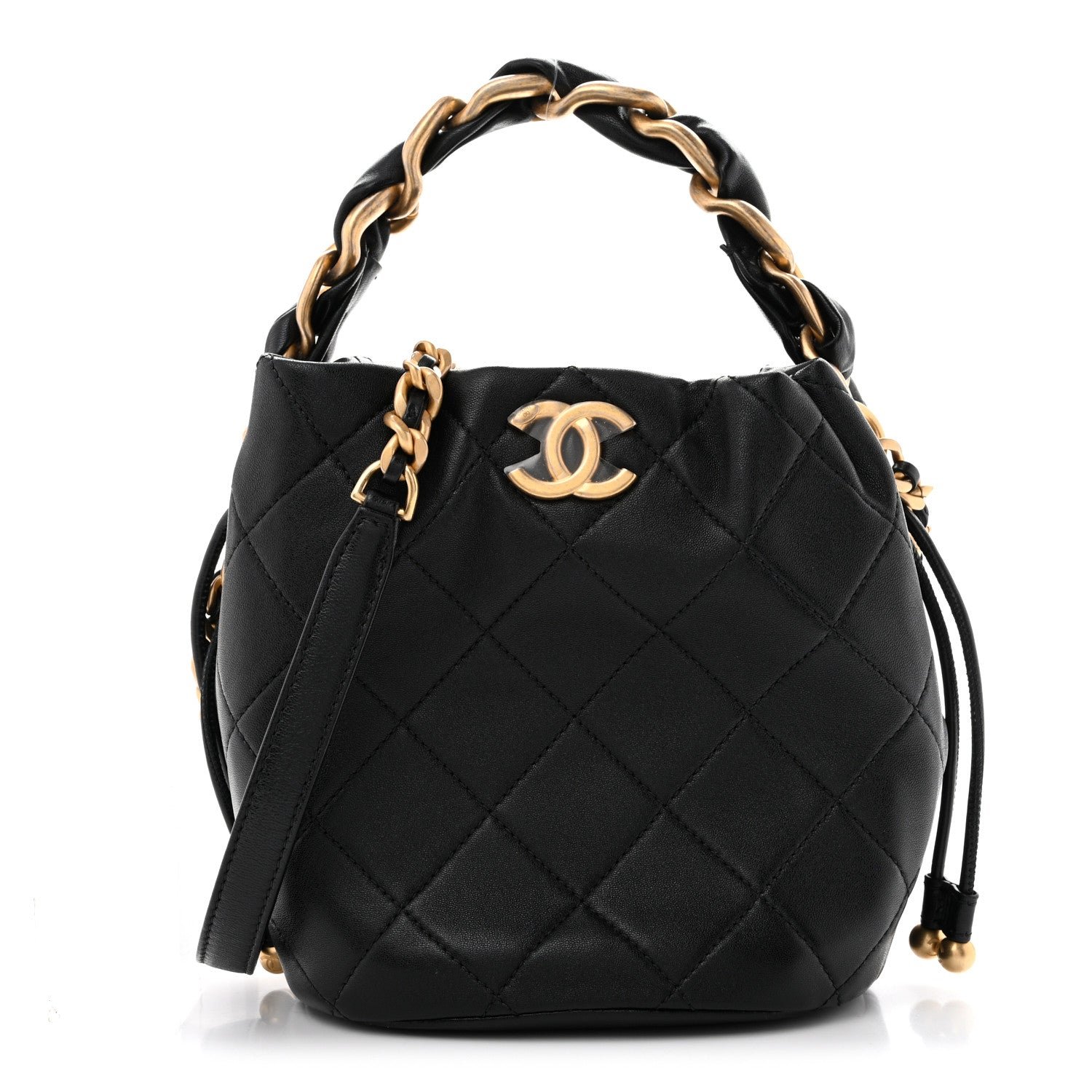 Chanel Shiny Lambskin Quilted Chain Is More Drawstring Bag Black