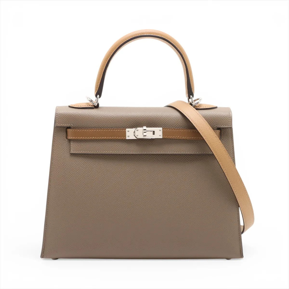 Hermès Kelly 25 Serie Tricolor Veau Epsom Etoupe x Arzène x Biscuit Silver Metal