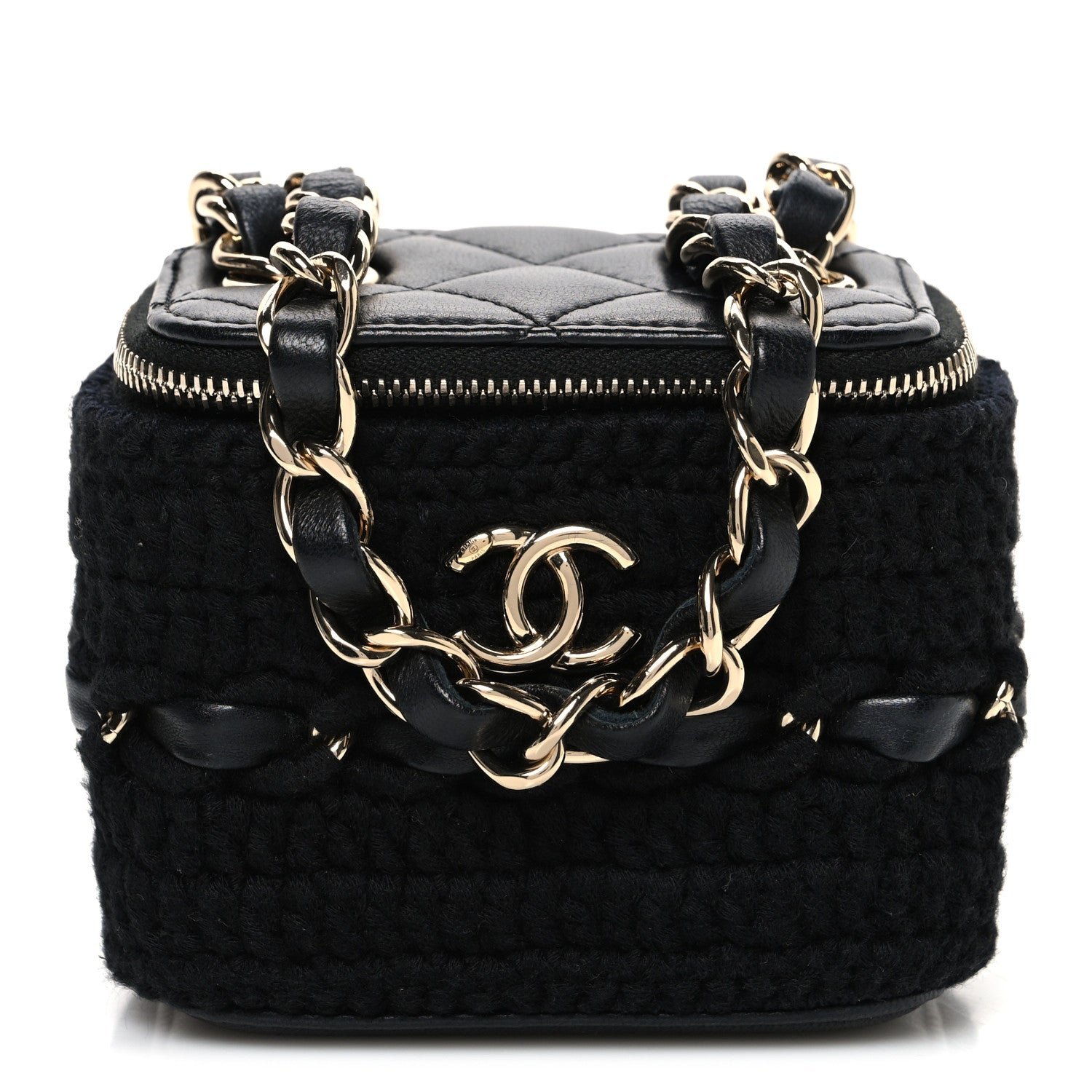 Chanel Lambskin Crochet Quilted Mini Vanity Case With Chain Black